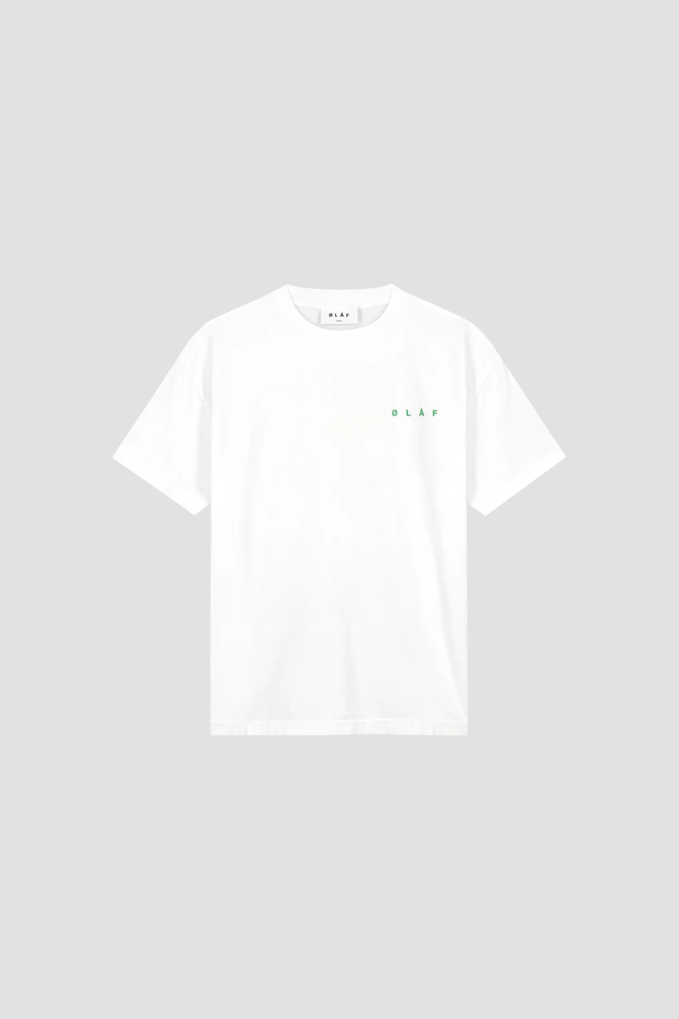 Olaf spiral face t-shirt in white and face in green. Front flatlay view