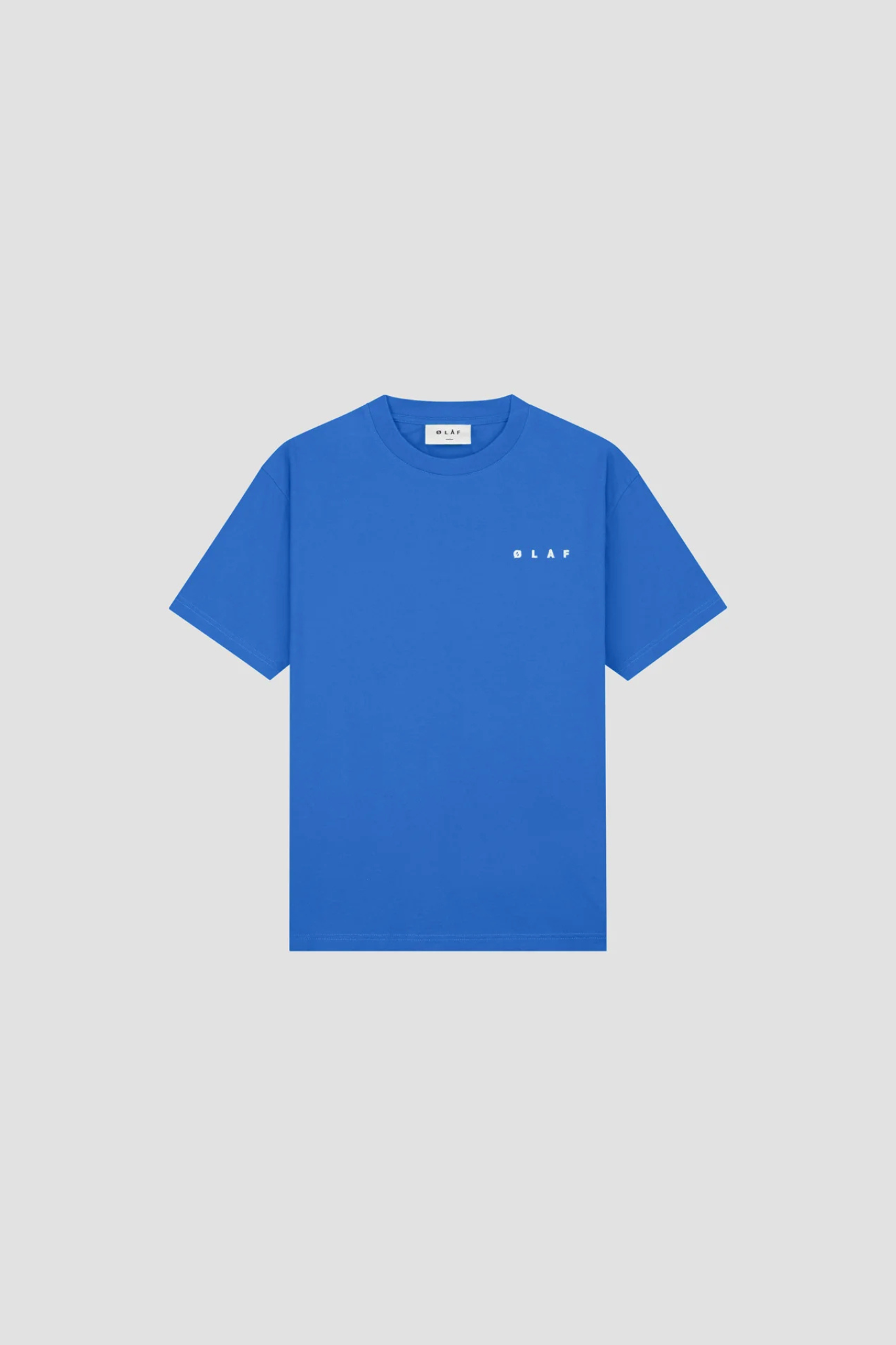 Olaf ink logo t-shirt in blue and logo in white. Front flatlay view