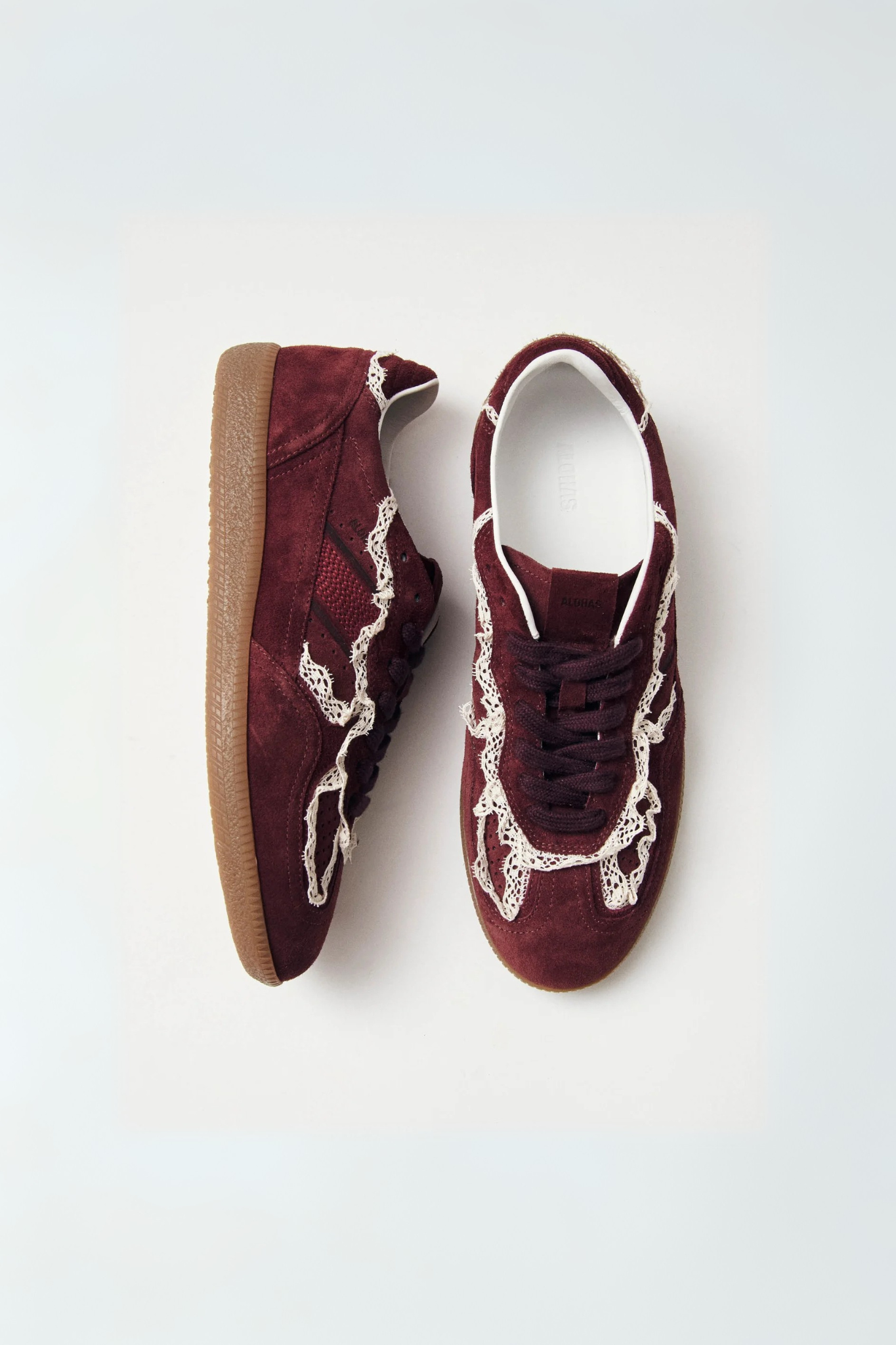 Alohas crochet leather sneakers in burgundy. Front view