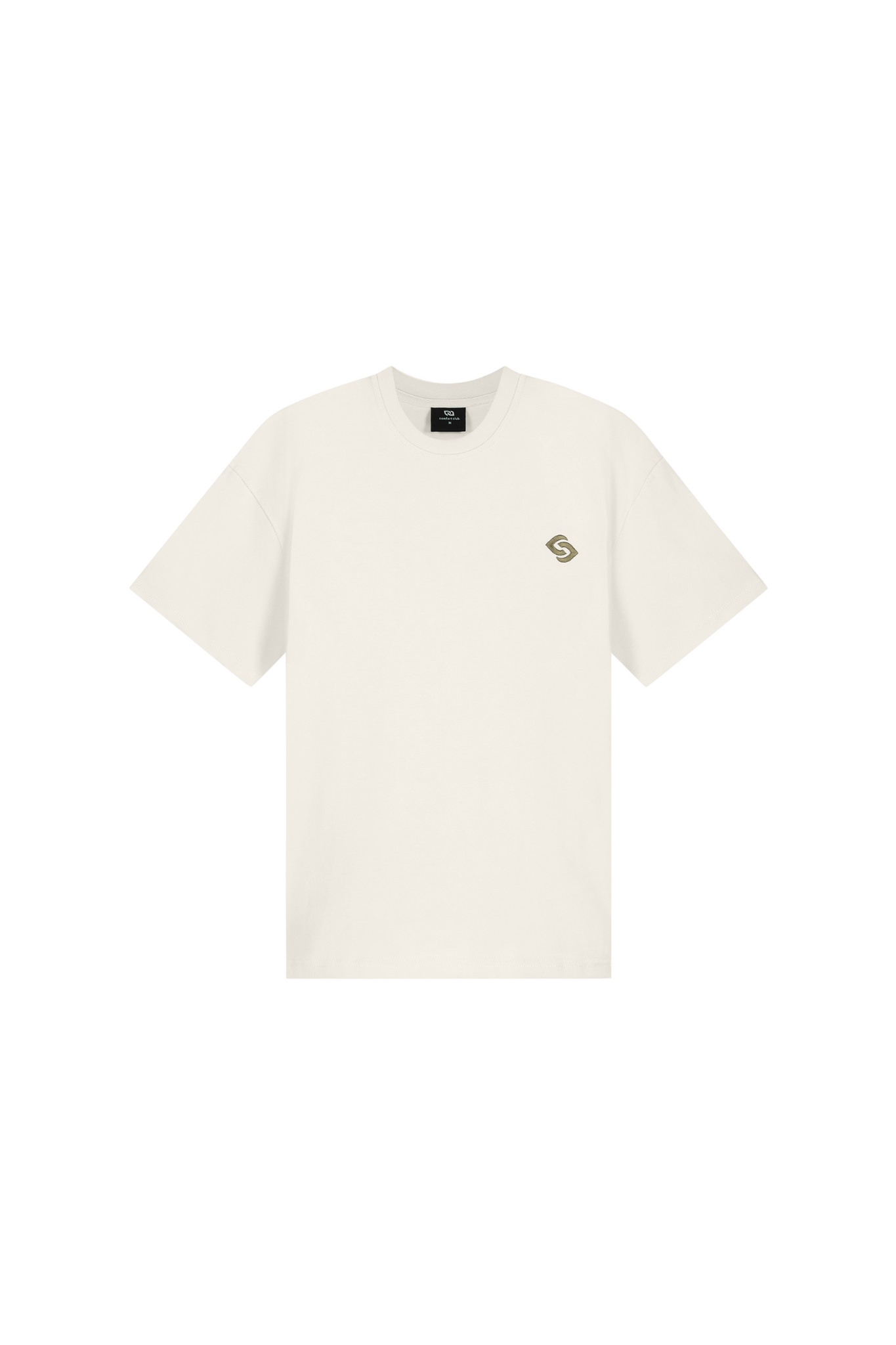 Comfort Club blossom t-shirt in white and logo in green Front flatlay view