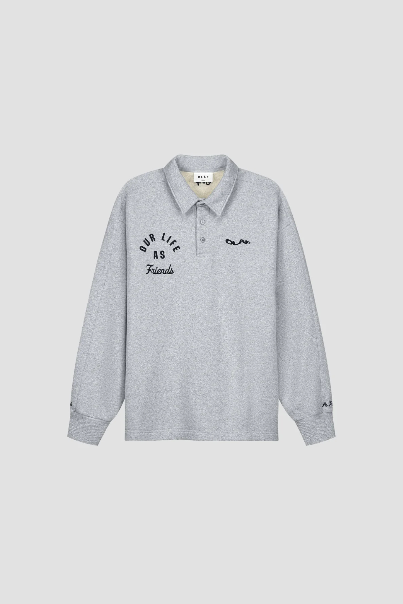 Olaf varsity polo sweater in grey and logo in black. Front flatlay view