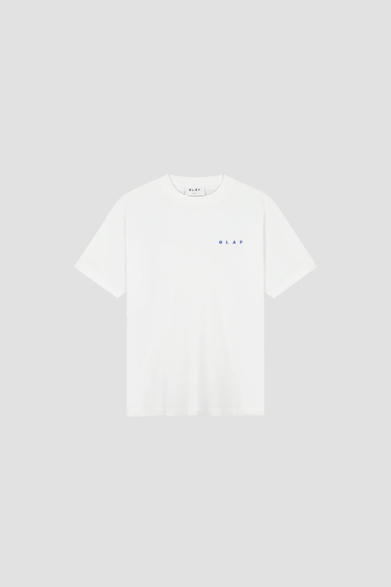 Olaf ink logo t-shirt in white and logo in blue. Front flatlay view