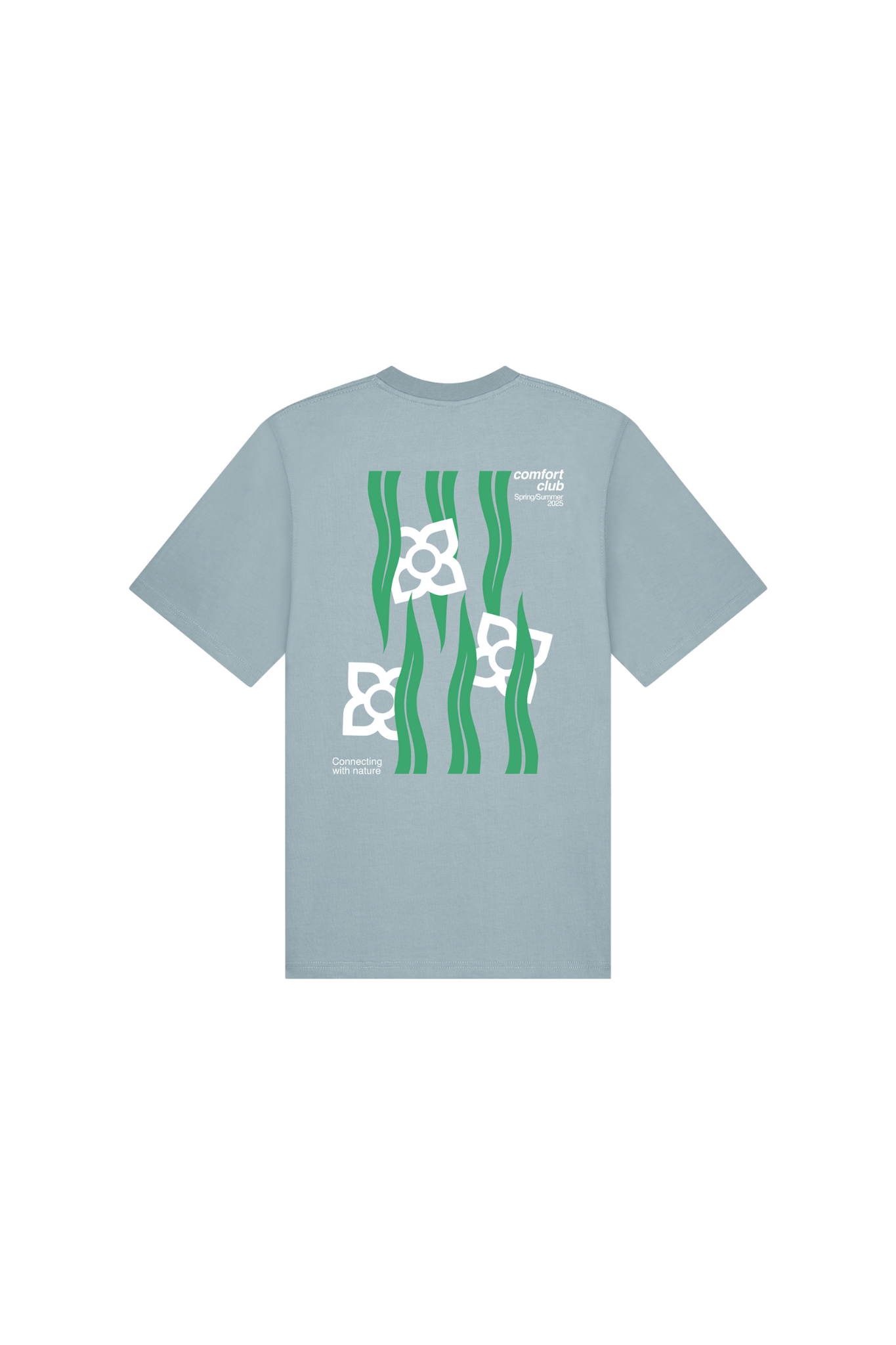 Comfort Club algea t-shirt in azure blue and grahpic in green and white. Back flatlay view