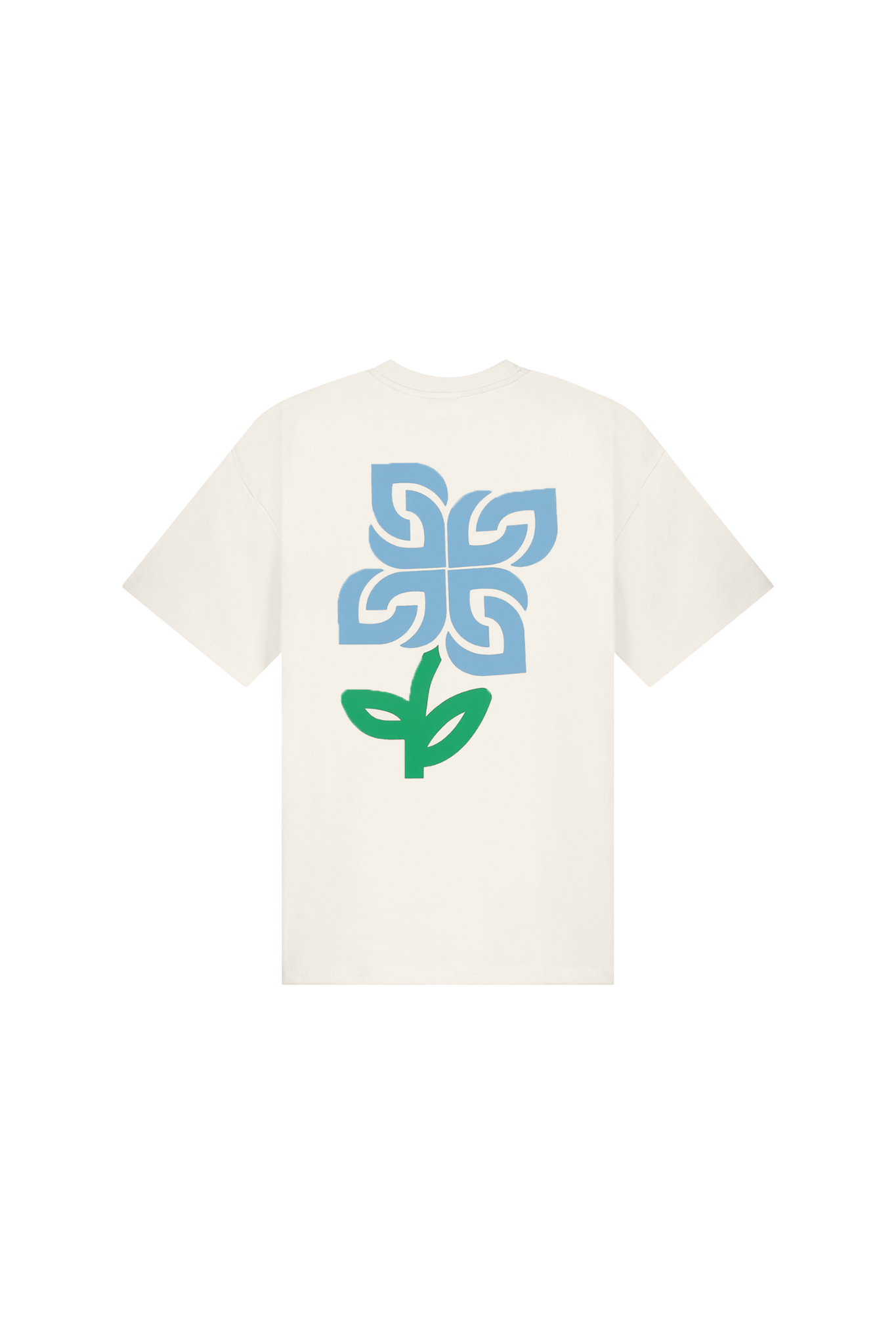 Comfort Club floret t-shirt in white and graphic in blue and green. Back flatlay view