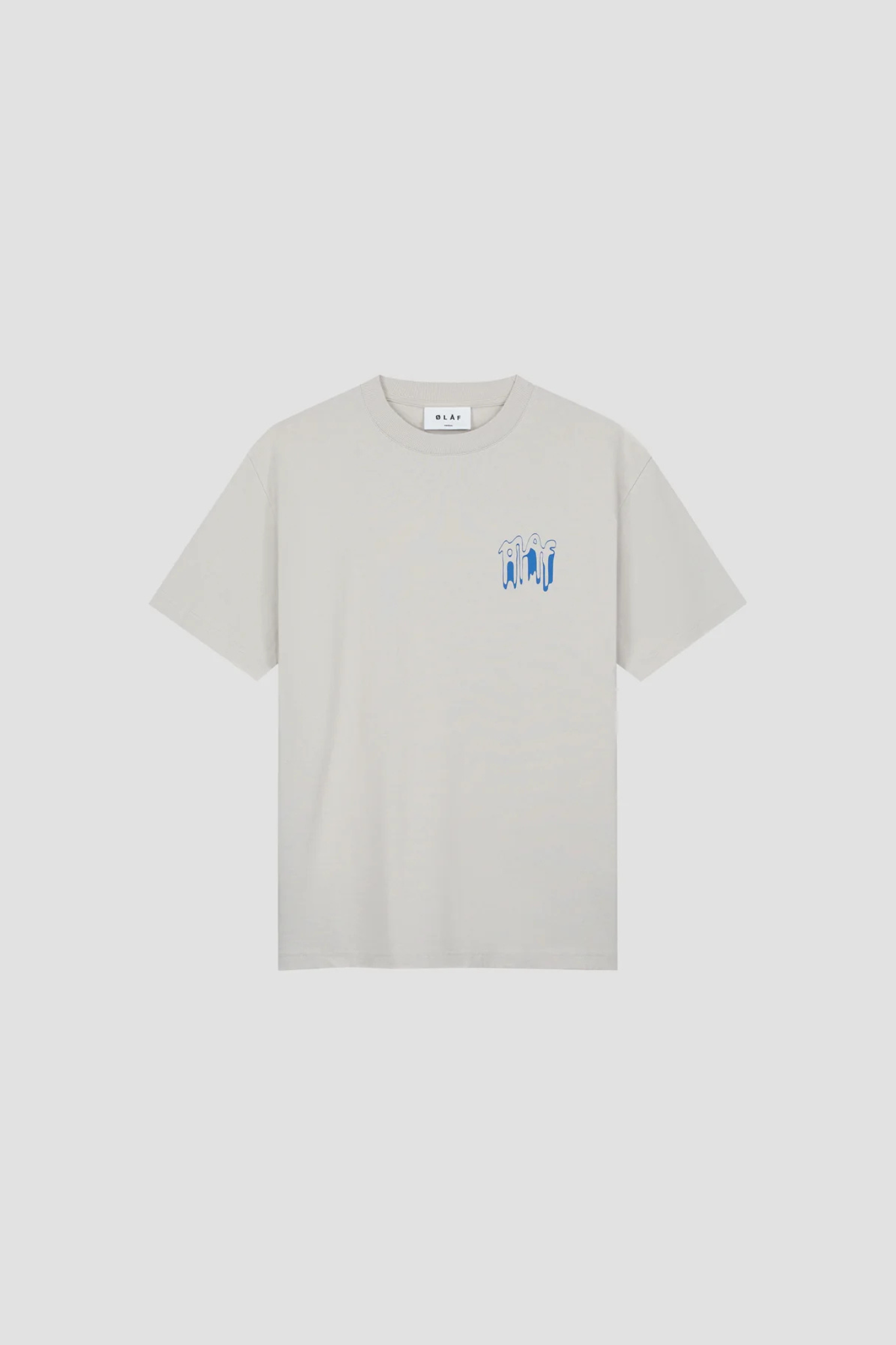 Olaf smudge logo t-shirt in beige and logo in blue. Front flatlay view