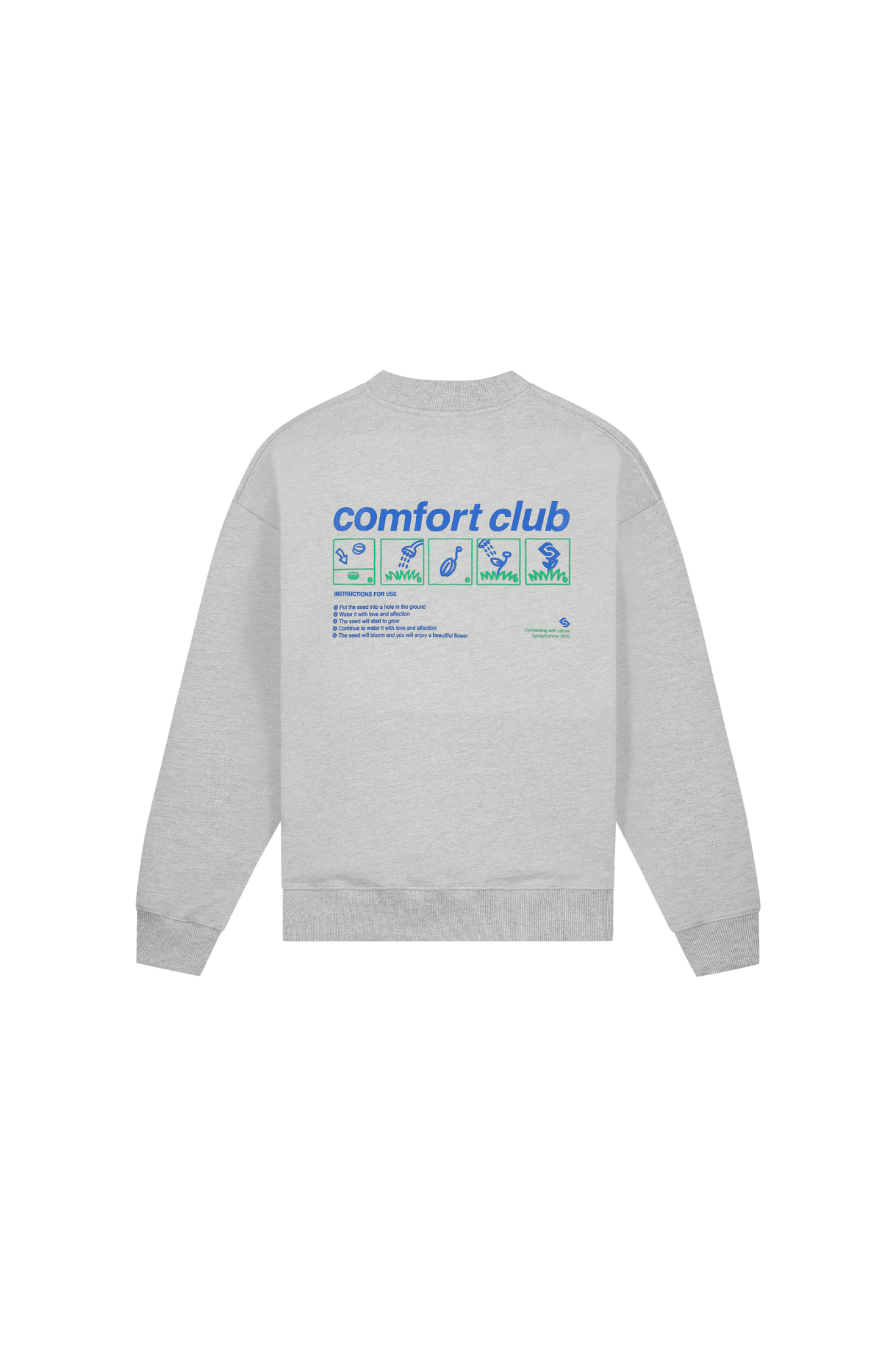 Comfort Club seeding crewneck in light grey melange with graphic in blue and green. Back flatlay view