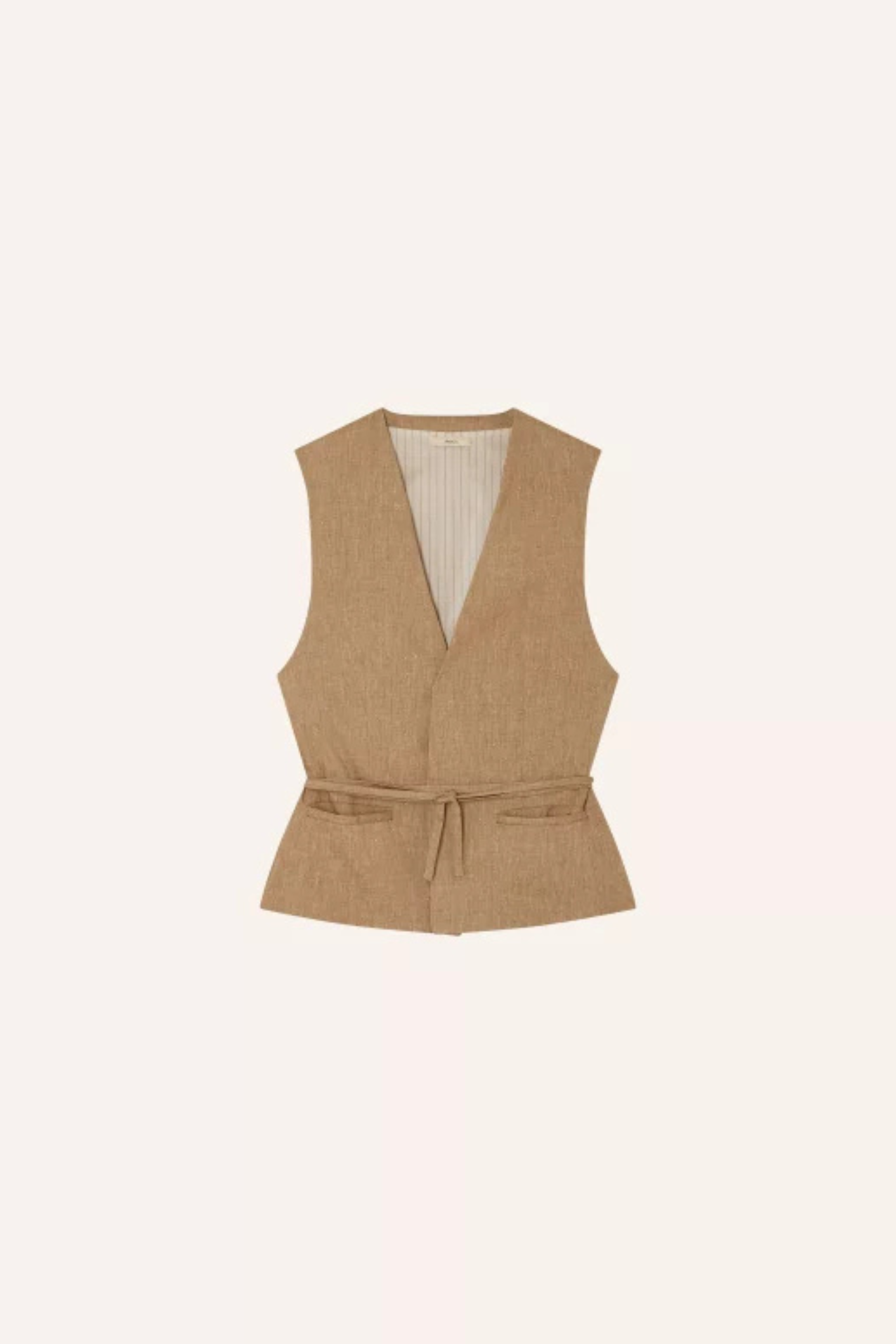 Sessun marcello sleeveless jacket in camel. Front flatlay view