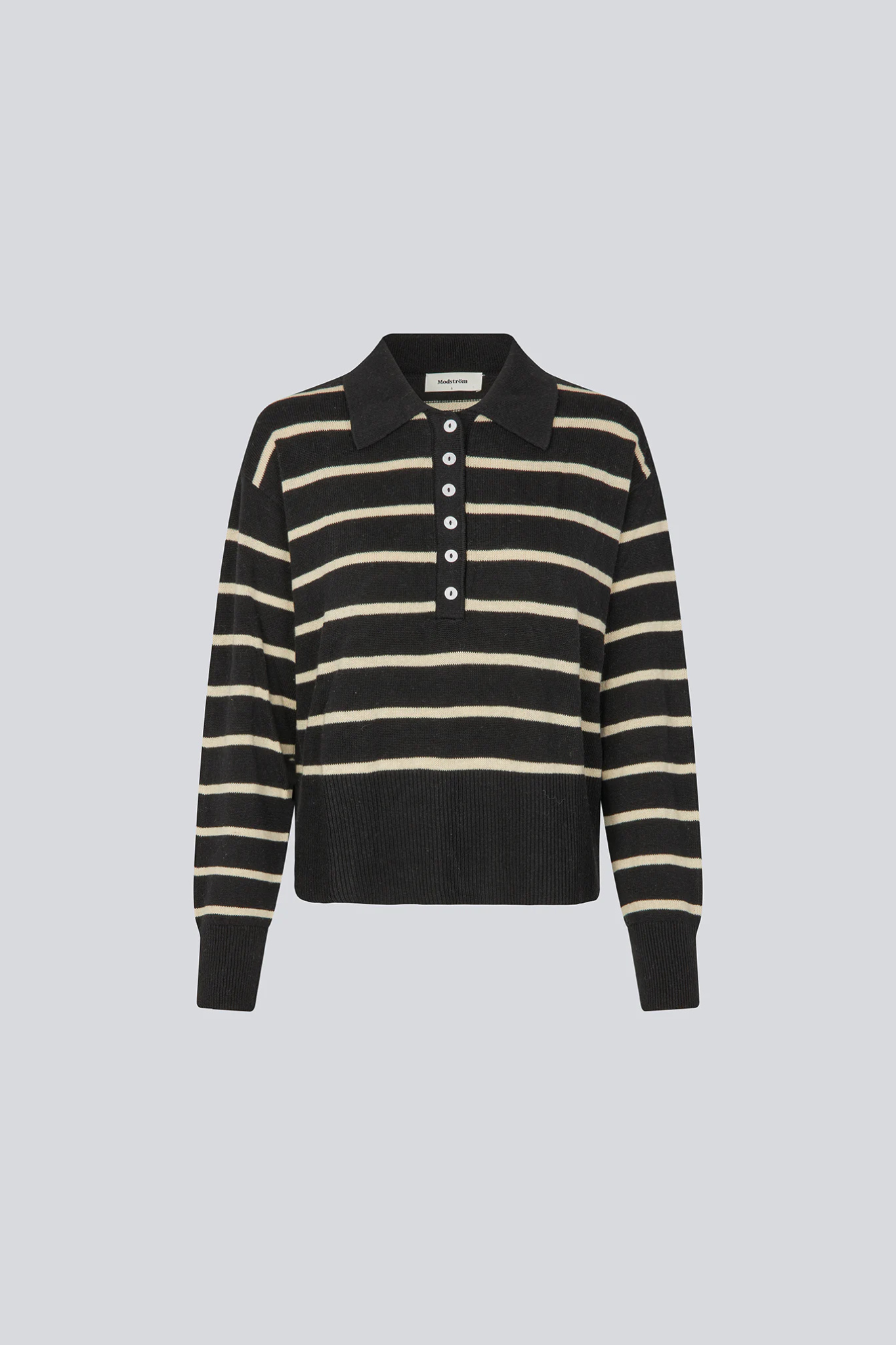 Modstrom malva striped polo sweater in black and white. Front flatlay view