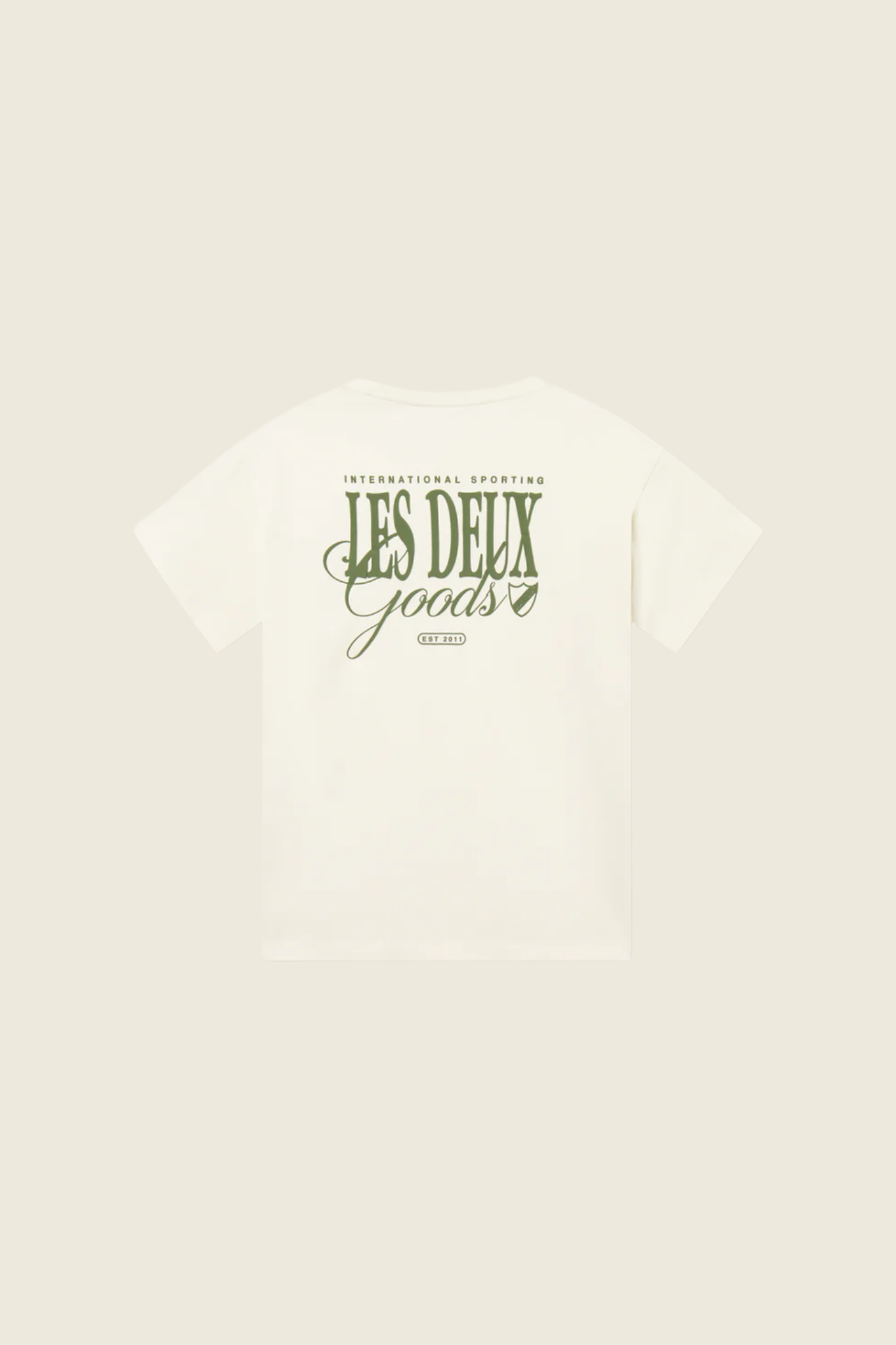 Les Deux goods t-shirt in ivory and green. Back flatlay view