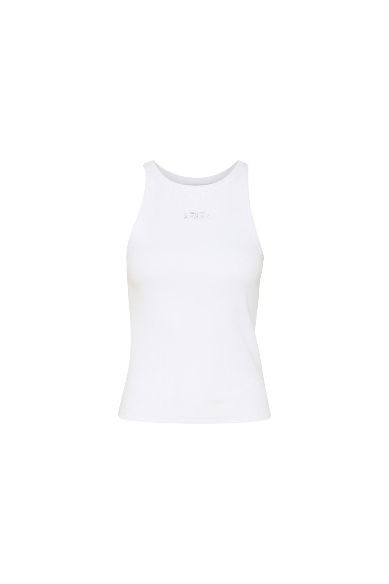 Gestuz drew rhinestone logo tank top in white. Front flatlay view