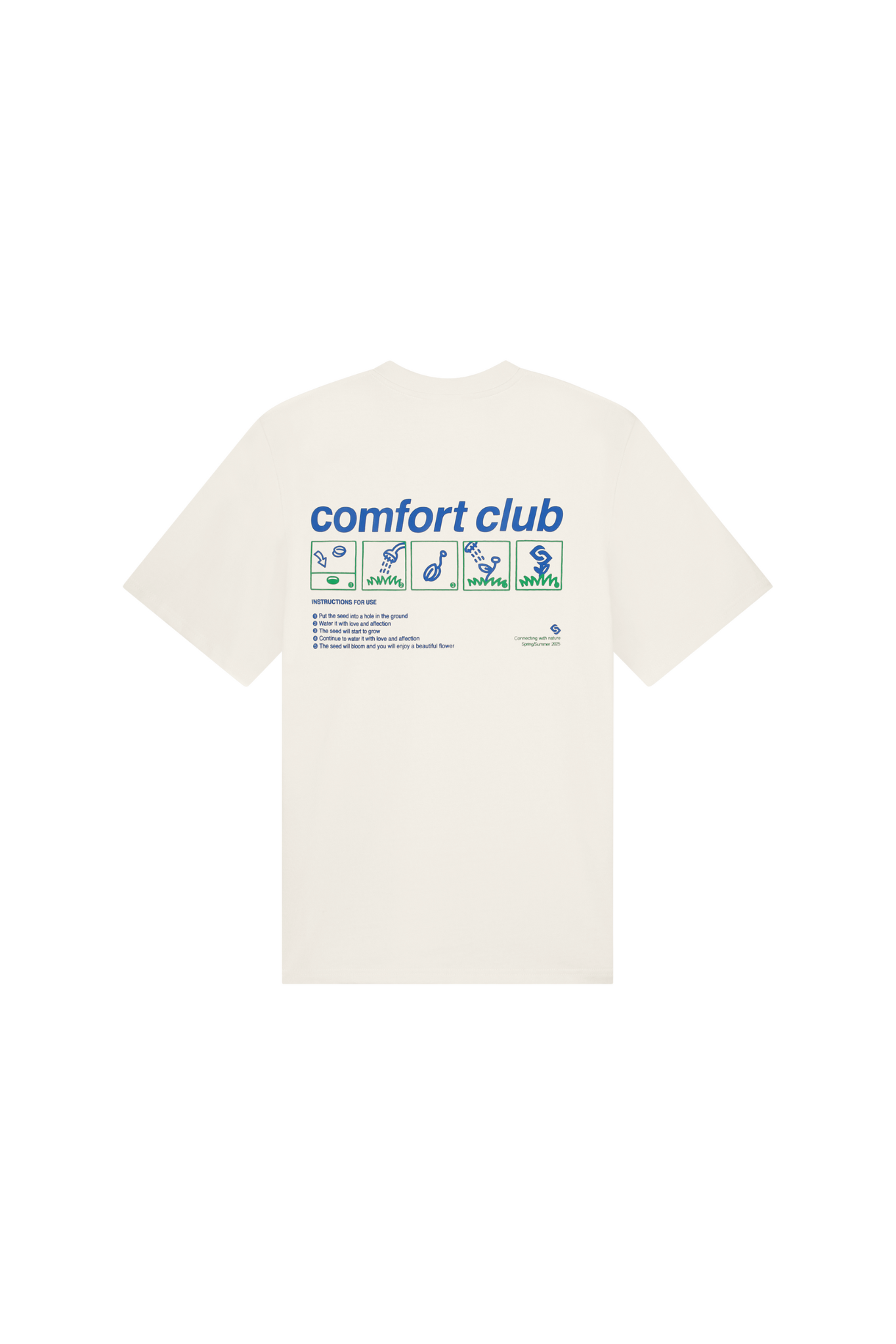 Comfort Club seeding t-shirt in white and graphic in blue and green. Back flatlay view