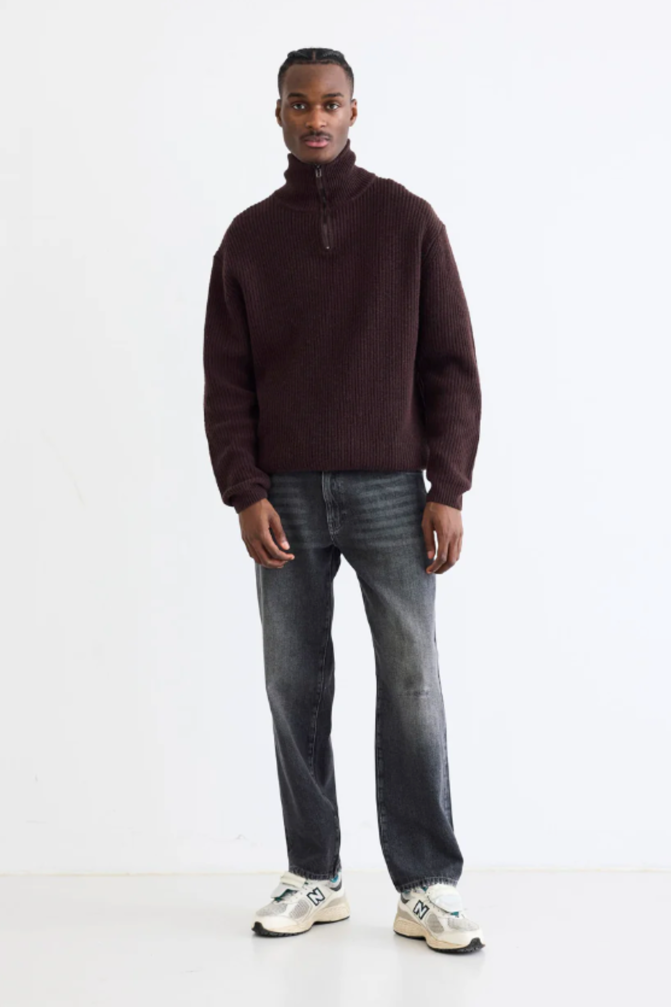LASS WOOL HALF-ZIP KNITWEAR - BROWN