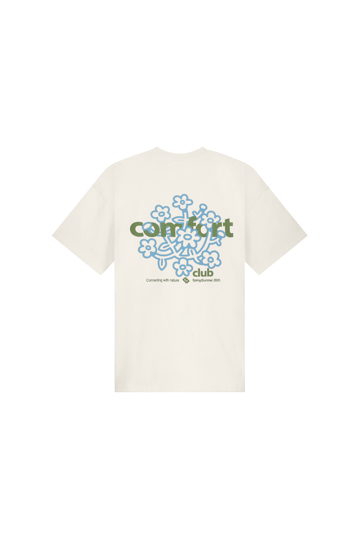 Comfort Club blossom t-shirt in white and graphic in blue and green. Back flatlay view