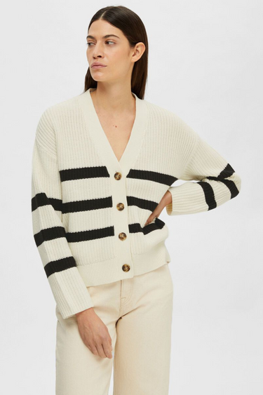 SLFBLOOMIE LS KNIT V-NECK CARDIGAN - SNOW WHITE/BLACK