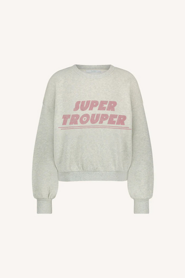 By-Bar grey bibi trouper sweater with letters in pink. Front flatlay view