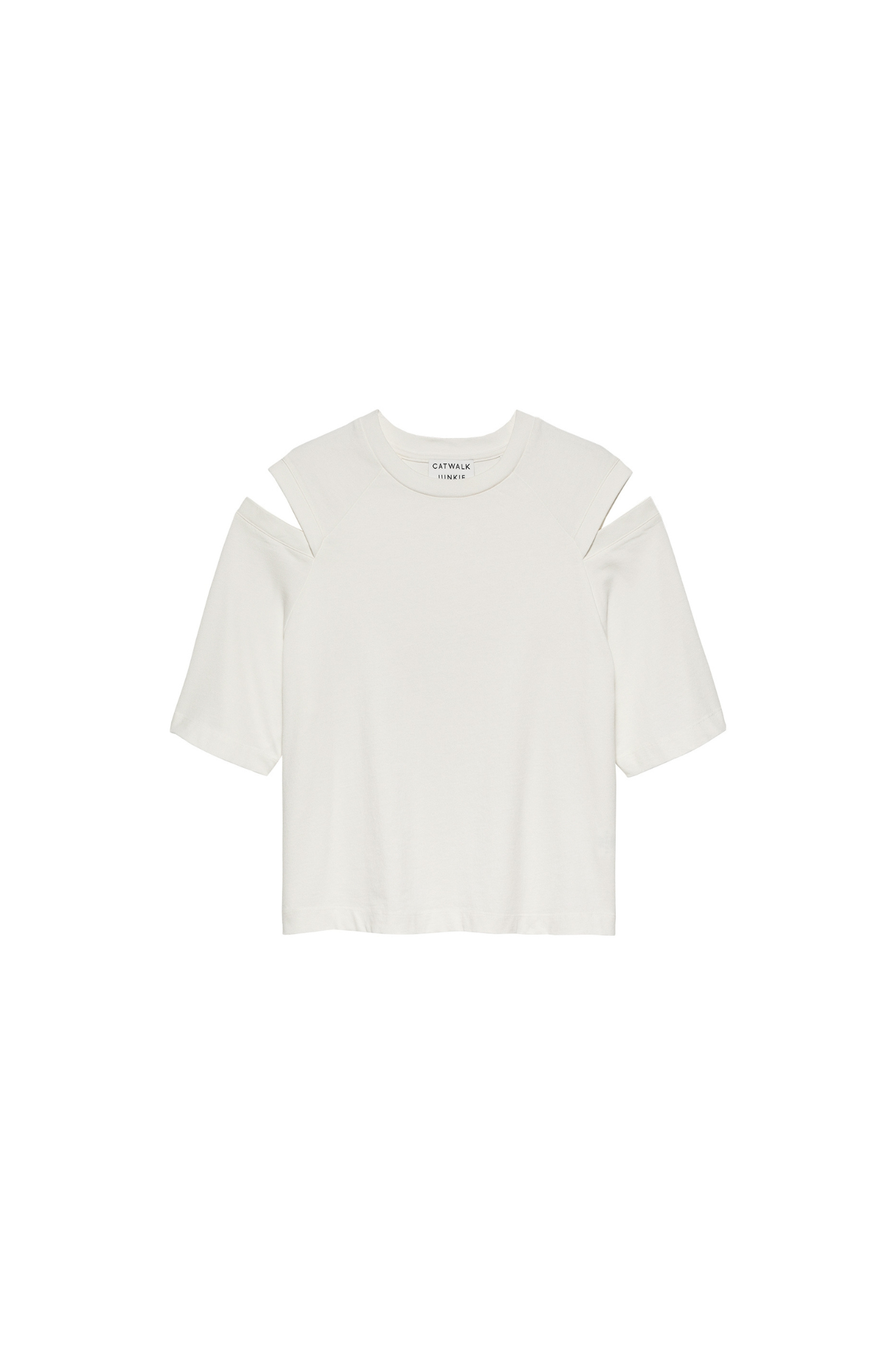 Catwalk Junkie loose fit open shoulders t-shirt in white. Front flatlay view