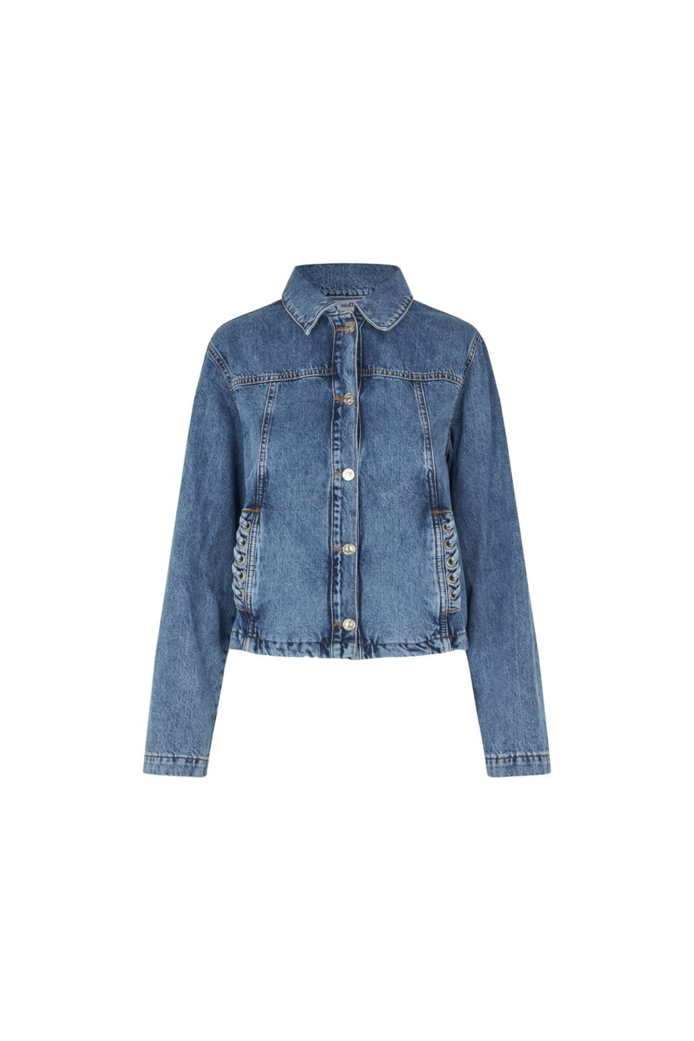 Mbym zolan fabrt jeans jacket in mid blue vintage. Front flatlay view