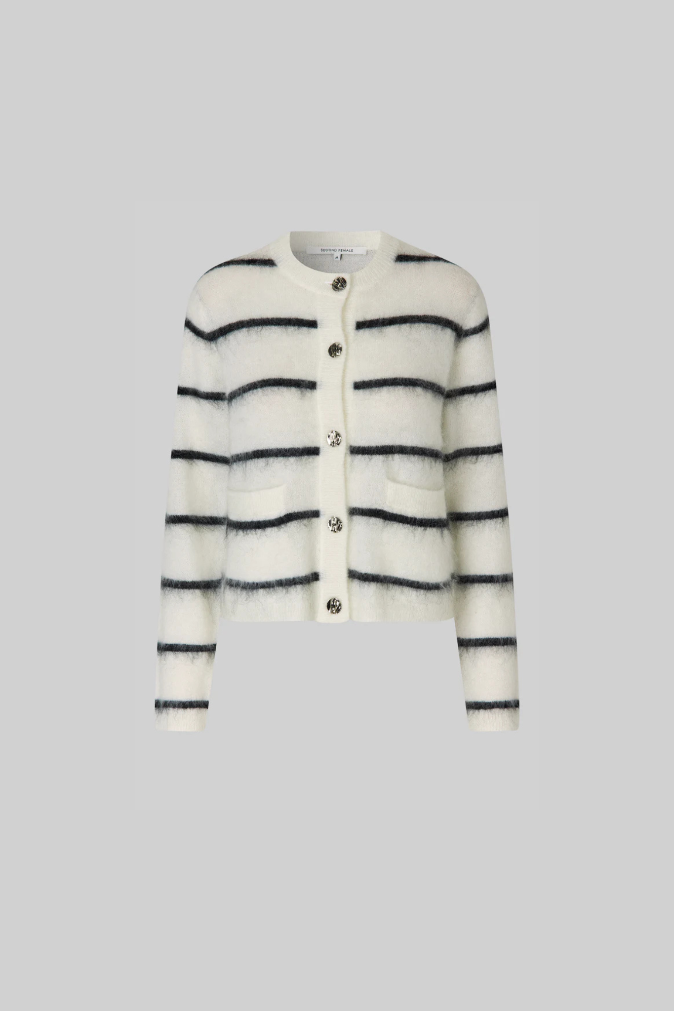 Second Female ovalina knit cardigan in striped white and black. Front flatlay view