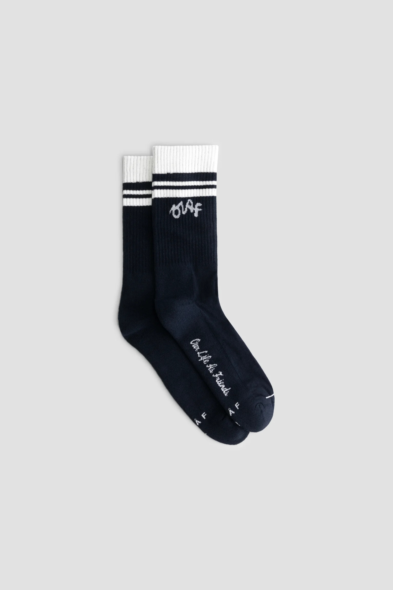 Olaf varsity socks in navy with logo in white. Front view