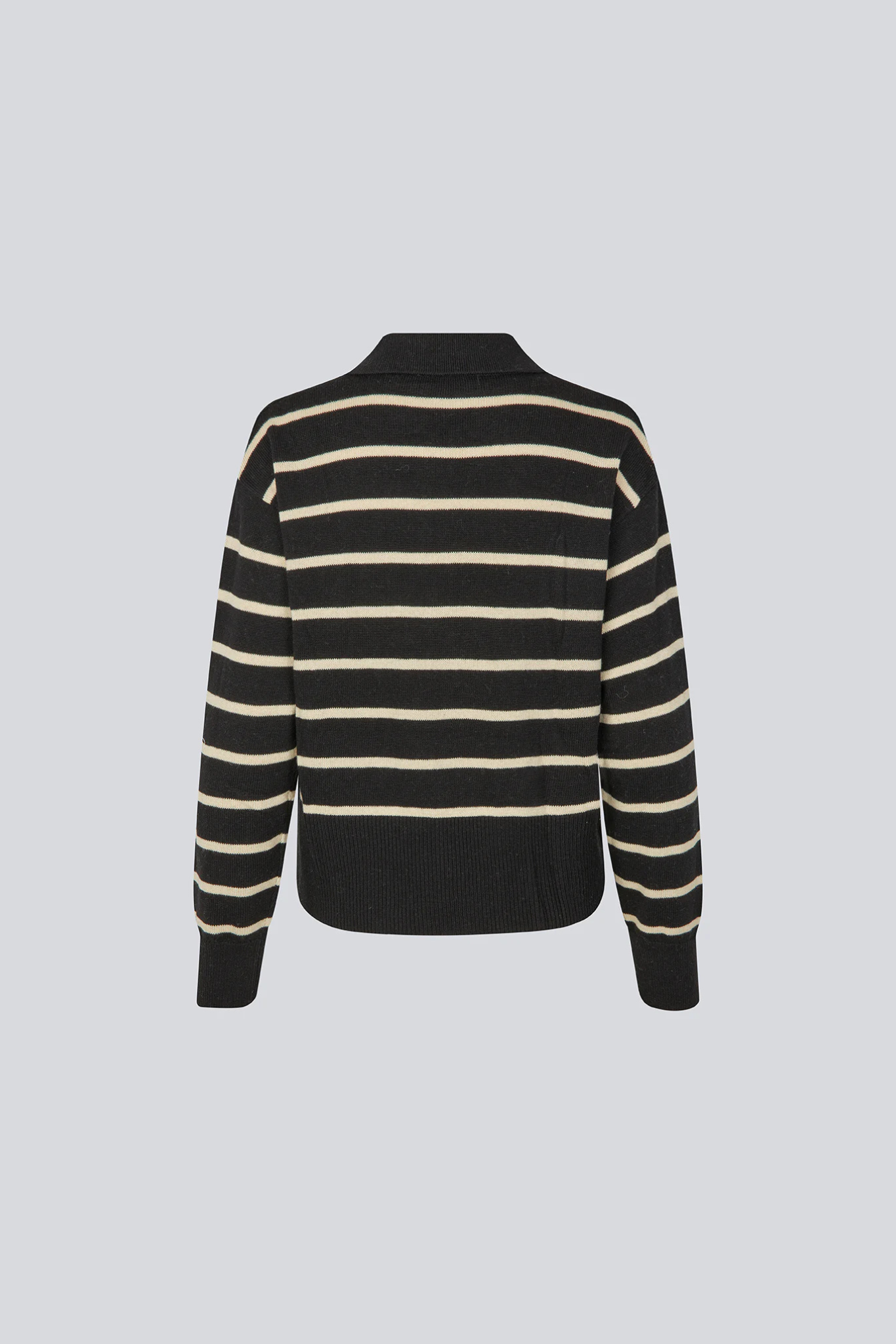 Modstrom malva striped polo sweater in black and white. Back flatlay view