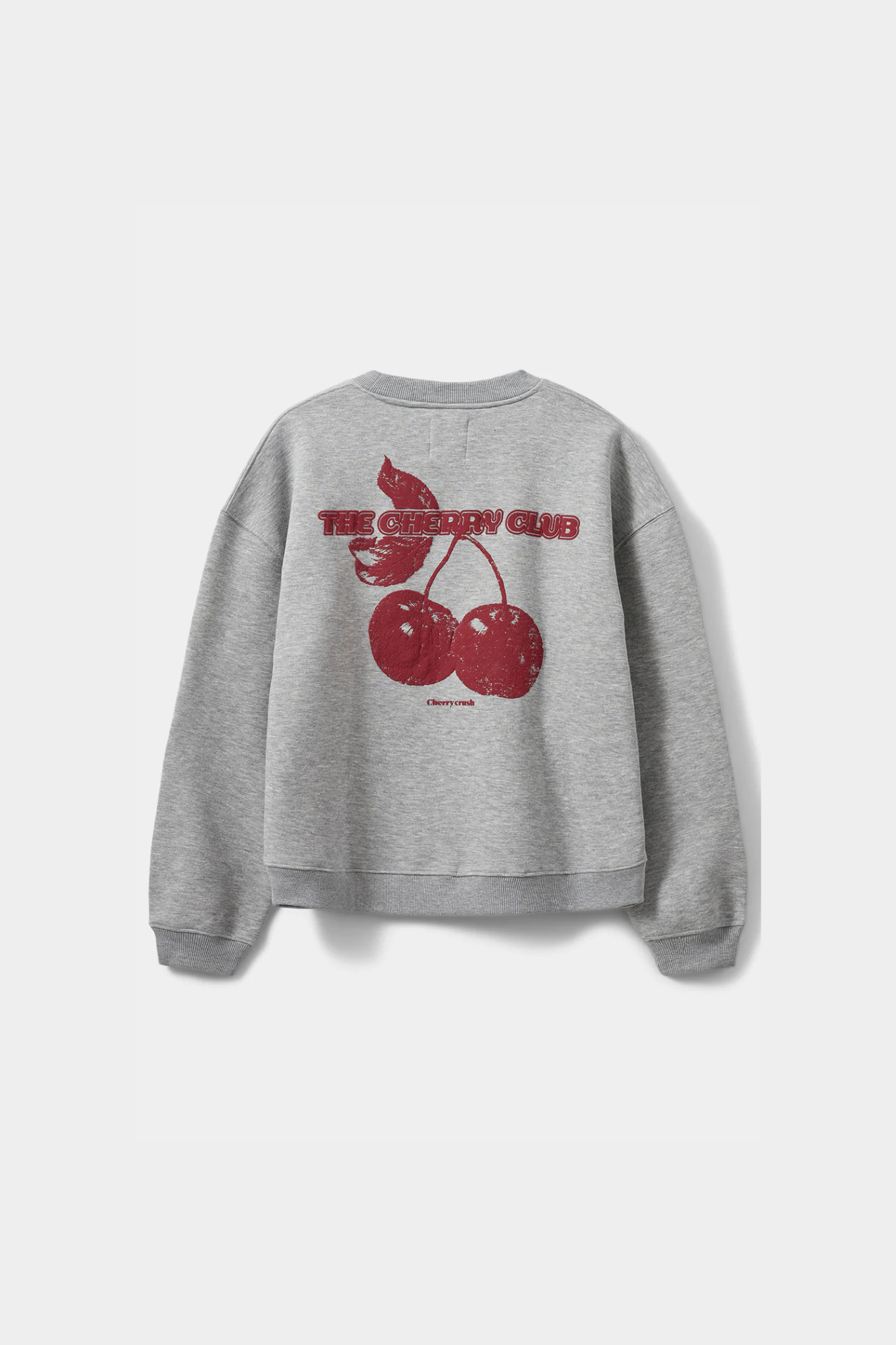 Sofie Schnoor elis sweatshirt in grey melange and cherry graphic in red. Back flatlay view