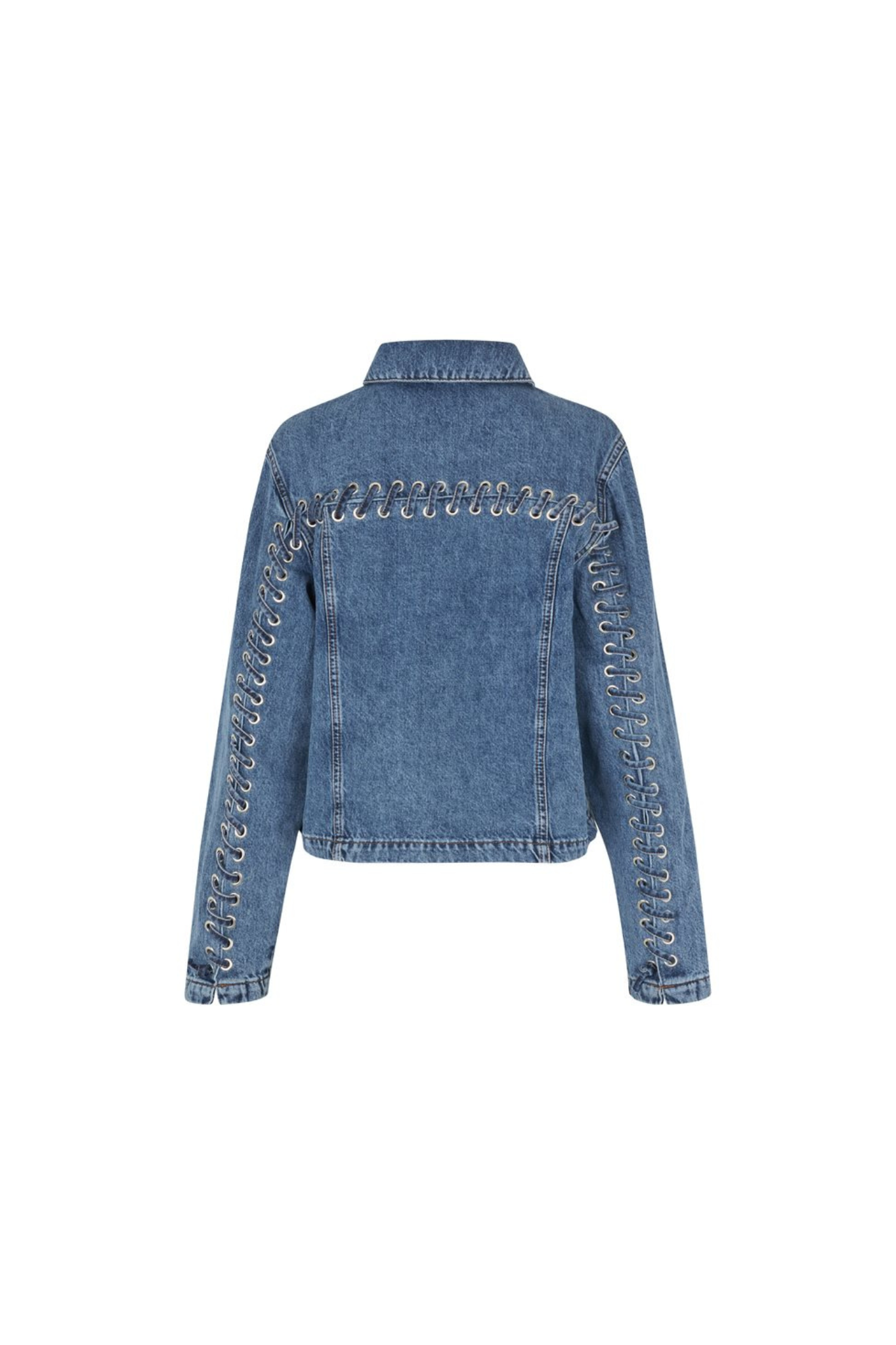 Mbym zolan fabrt jeans jacket in mid blue vintage. Back flatlay view