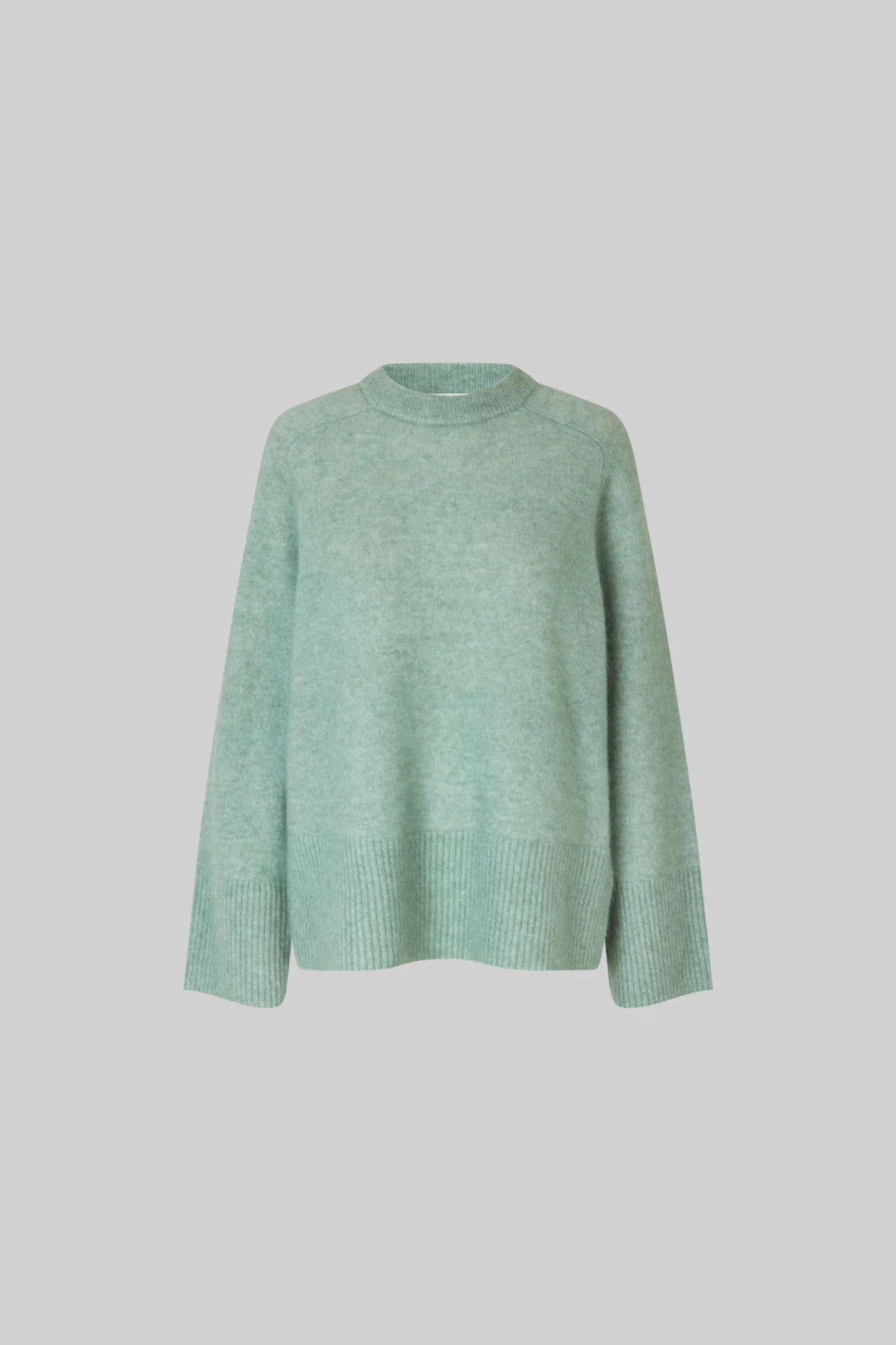 Second Female brookline raglan o-neck knit in green. Front flatlay view