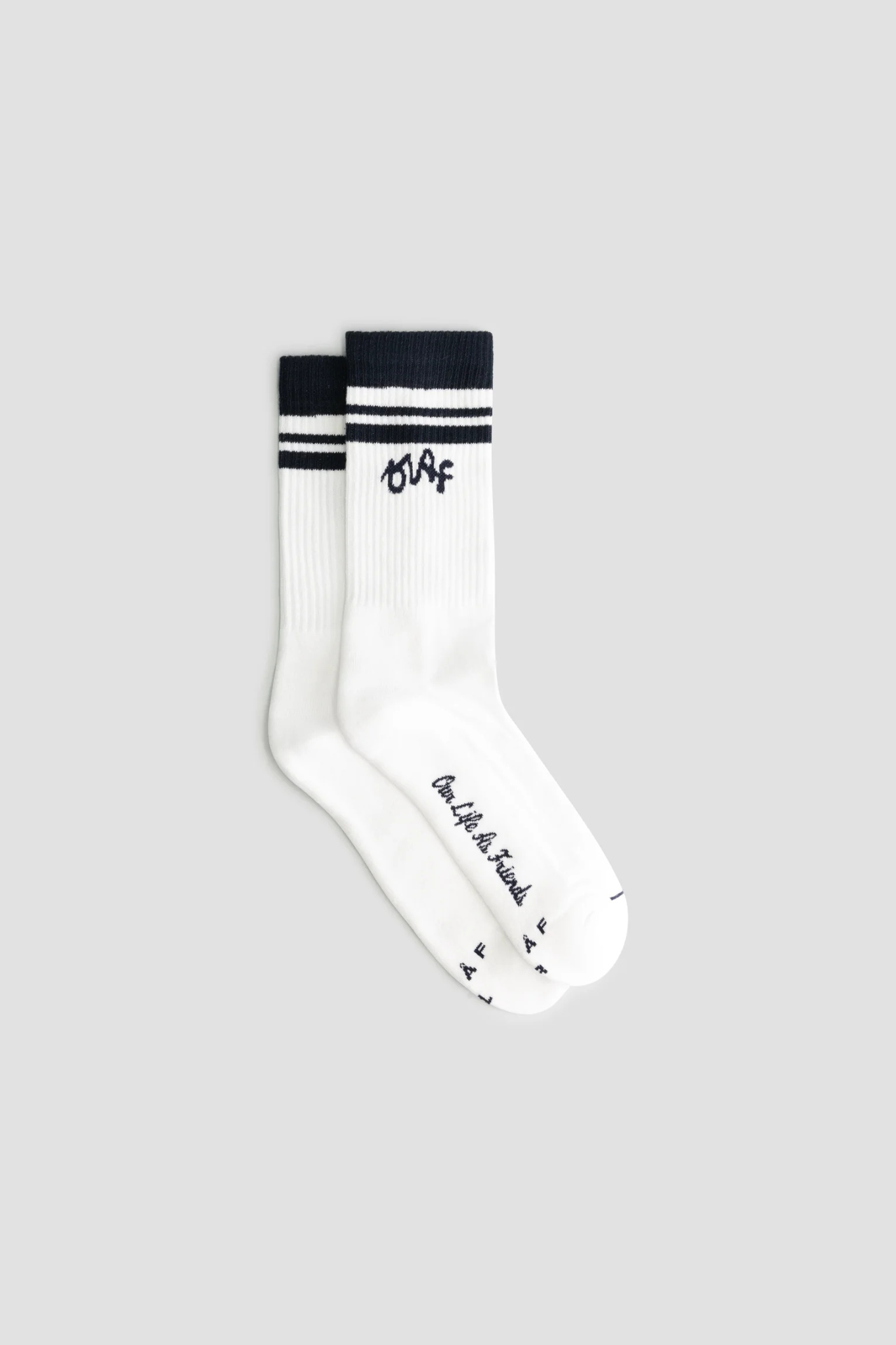 Olaf varsity socks in white with logo in black. Front view