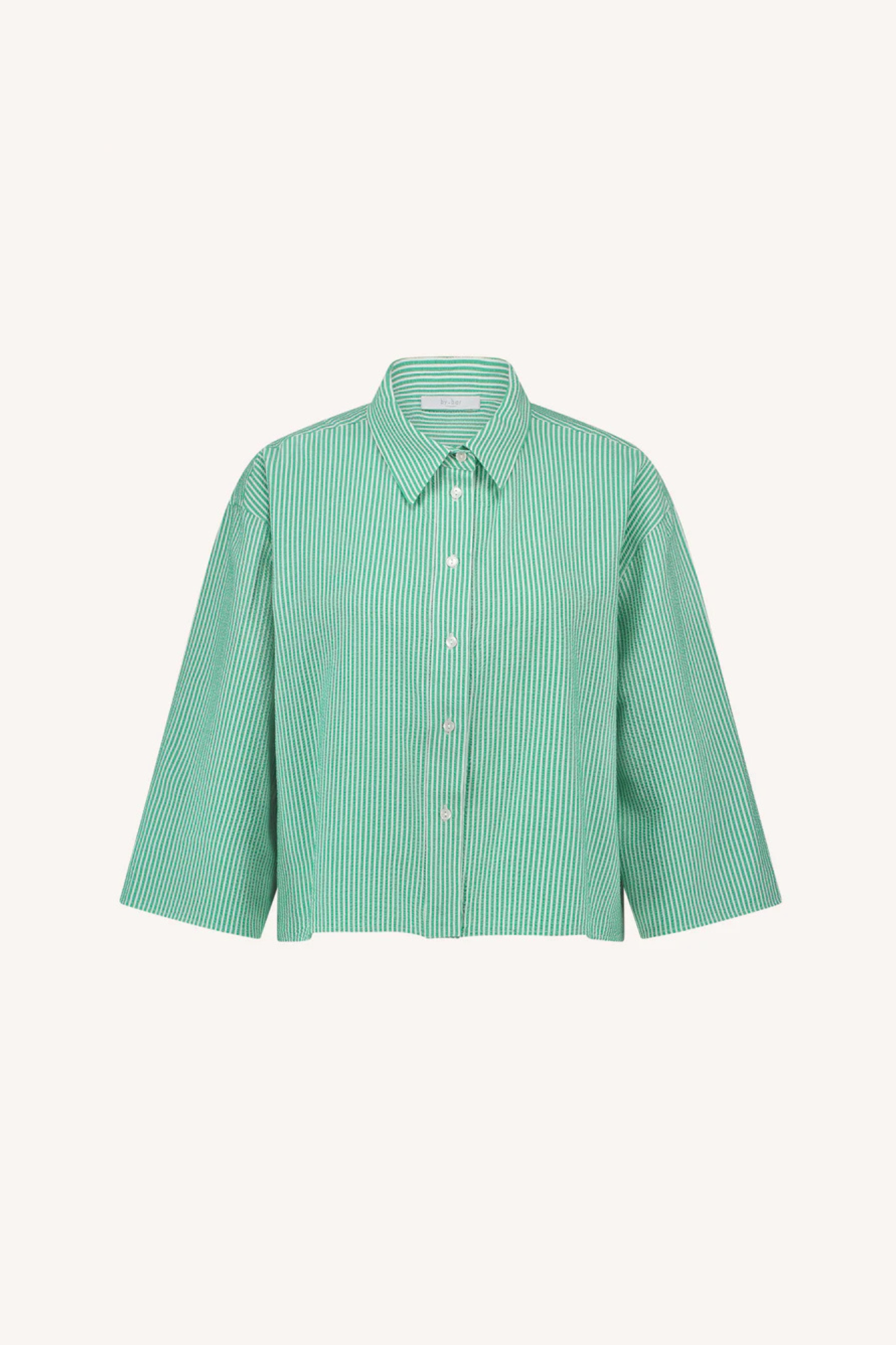 By-Bar bernie blouse in striped green. Front flatlay view