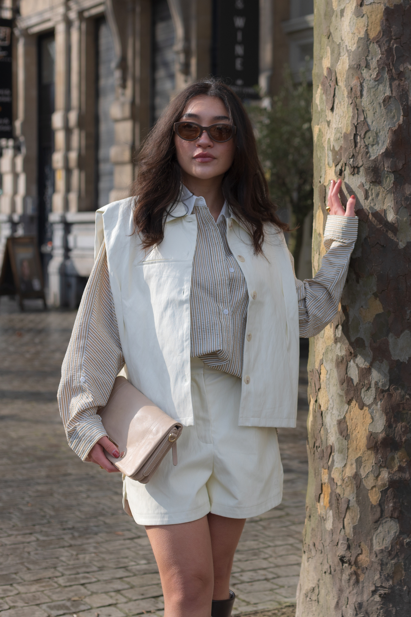 Model wearing the JIJI aya jacket in creme. Front view