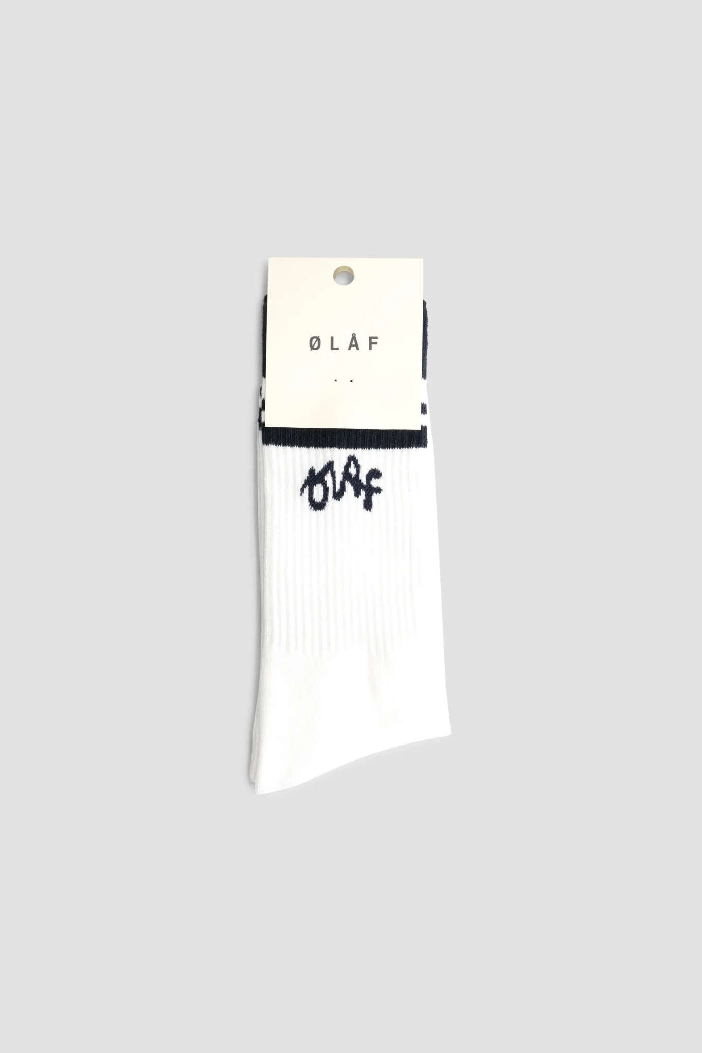 Olaf varsity socks in white with logo in black. Package view