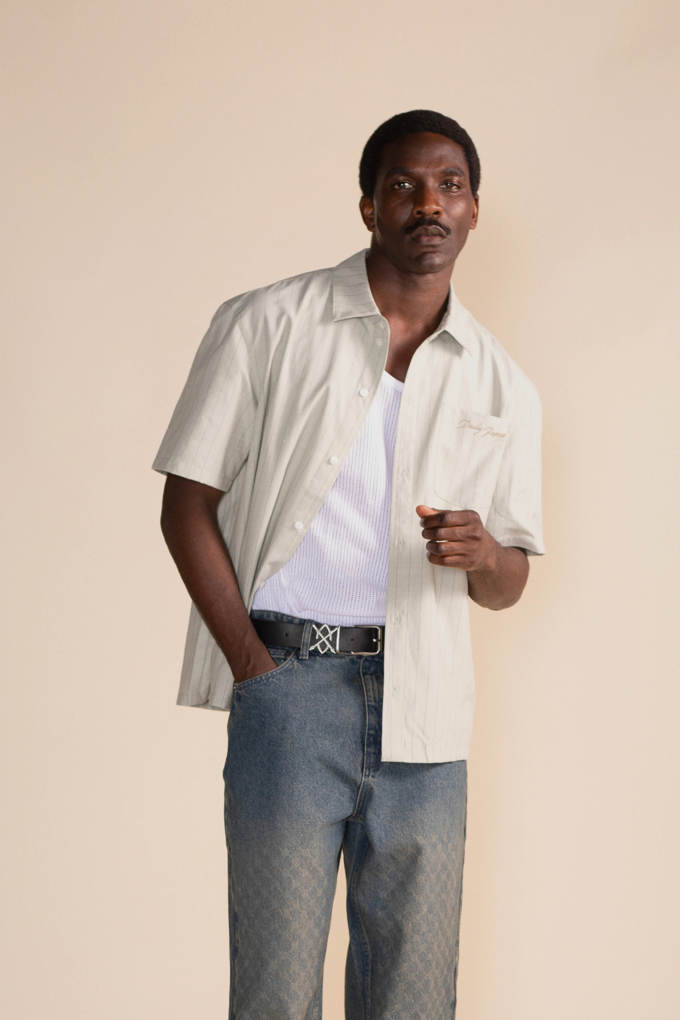 SCRIPT SS SHIRT - GREEN STRIPE