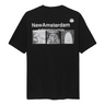 New Amsterdam black t-shirt with photo print on the back and logo in white. Back flatlay view