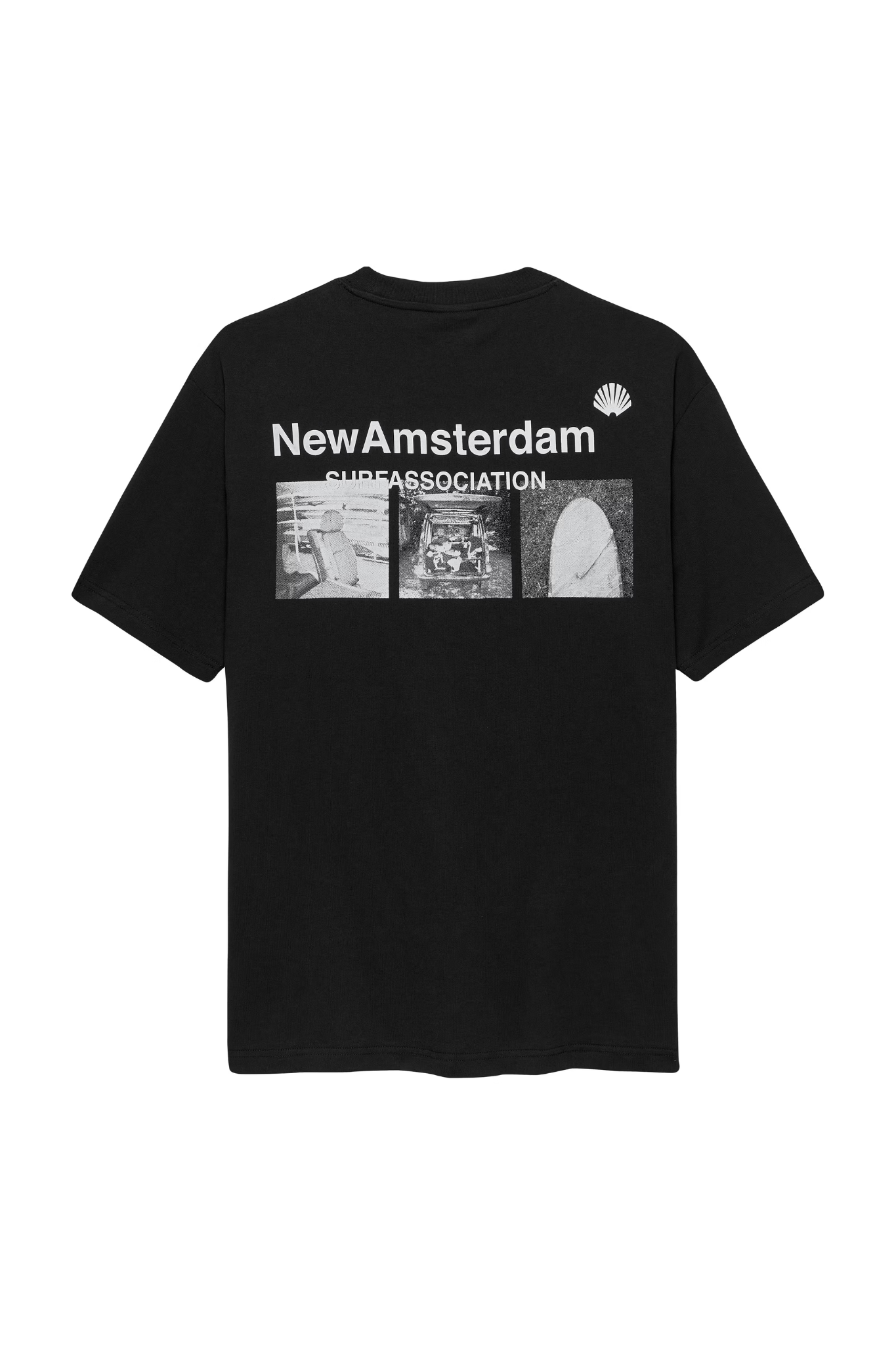 New Amsterdam black t-shirt with photo print on the back and logo in white. Back flatlay view