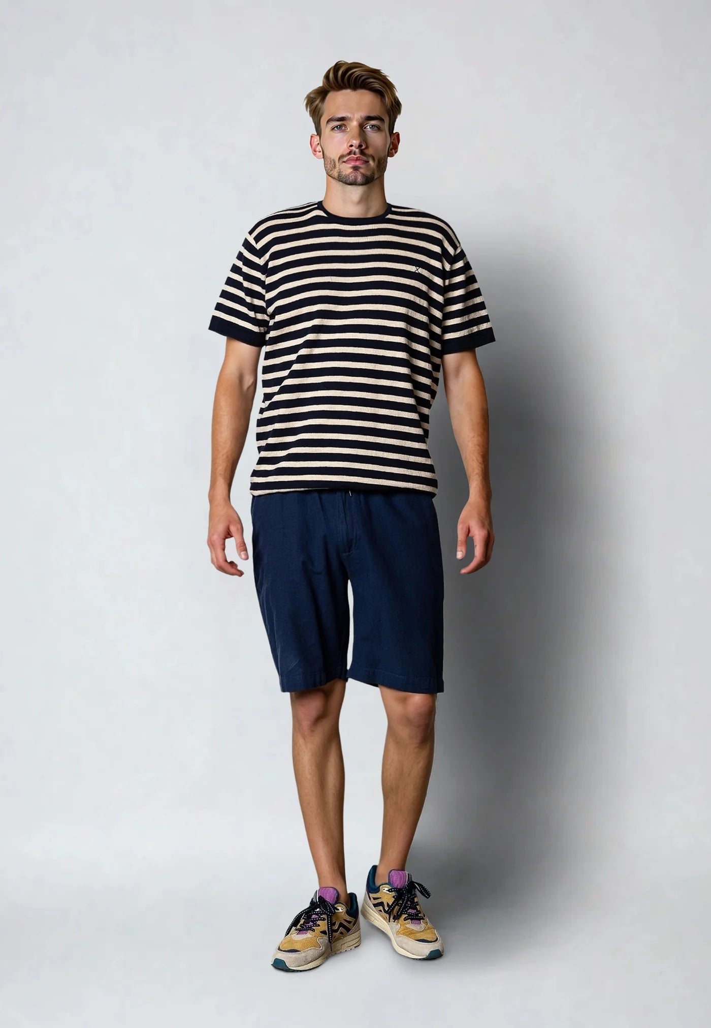 THOMAS KNITTED STRIPE T-SHIRT - NAVY/ECRU STRIPE